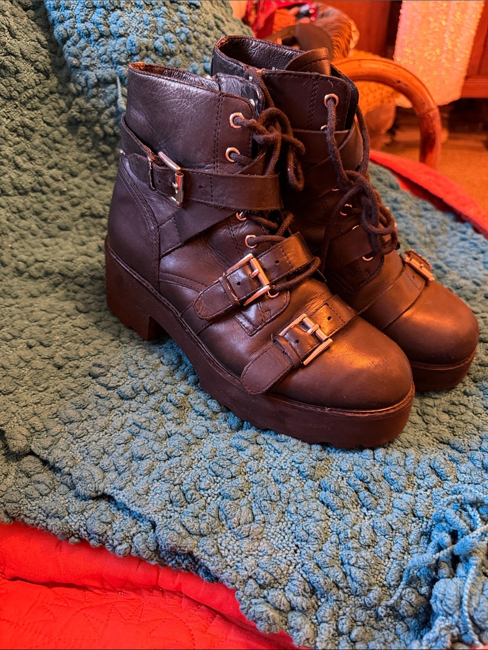 Ash Black Leather Lace-Up Platform Buckle Ankle Boots